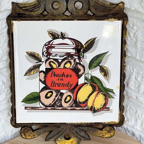 VTG Cast Iron Ceramic Tile Footed Trivet PEACHES in Brandy Rustic MCM Farmhouse - Picture 3 of 13